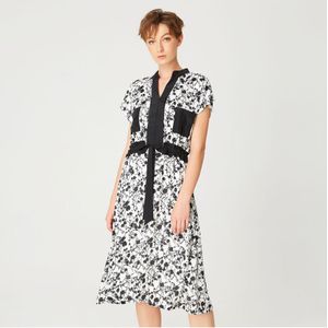 Bi-materiële Kleding Met Monochrome Bloemenprint En Trekkoordriem - Maat XS