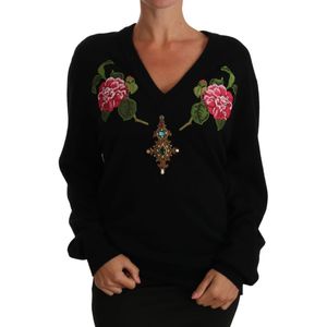 Dolce & Gabbana Zwarte roos bloemenkristal kasjmier trui voor dames