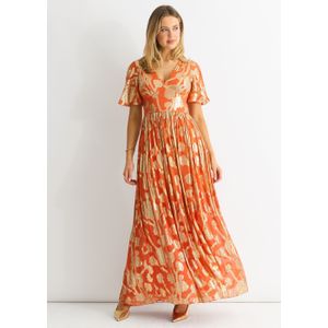 Oranje metallic jacquard fladdermouwen maxi jurk
