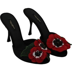 Dolce & Gabbana Dames Zwart Rood Rozen Hakken Slides Sandalen - Maat 35