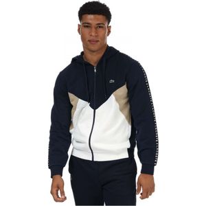 Lacoste fleece hoodie met kleurvlakken, tekstprint en rits voor heren, marineblauw-wit
