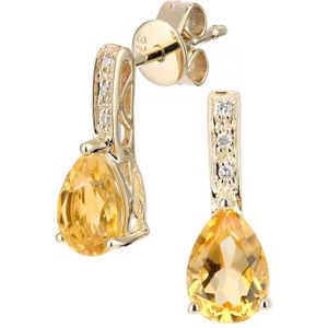 9ct geelgouden diamanten en citrien edelsteen druppelvormige oorbellen