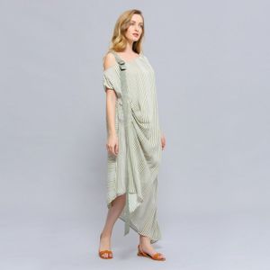 Asymmetrische gedrapeerde streepprint midi -jurk