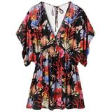 Floral - Kaftan Dress - Zwart - Katoen - Korte Mouwen