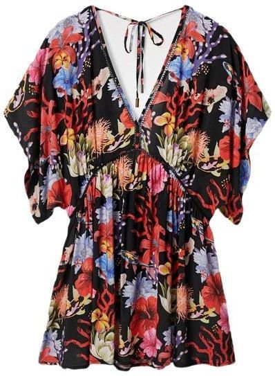 Floral - Kaftan Dress - Zwart - Katoen - Korte Mouwen