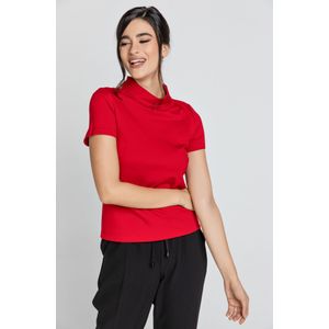 Tops - Rode Top - Korte Mouwen - Lage Opgevouwen Col - Rekbare Stof