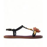 Dolce & Gabbana - Schoenen - Zwart - Leer - Platte Sandalen met Kristalversiering