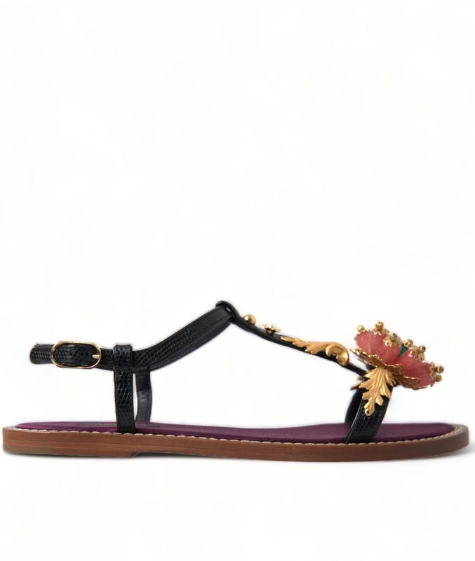 Dolce & Gabbana - Schoenen - Zwart - Leer - Platte Sandalen met Kristalversiering