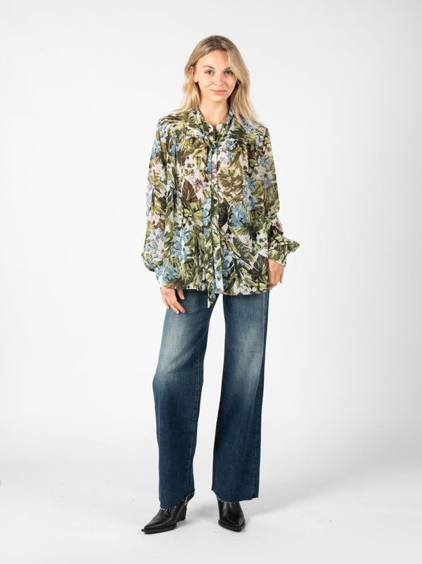 Pinko - Bloemenblouse - Groen - Polyester - Opstaande Kraag