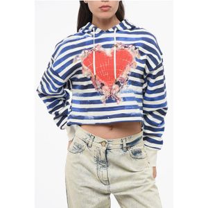 Tweekleurige gestreepte cropped hoodie met hartjesprint in Bianco, Blu