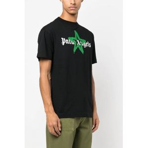 Palm Angels Green Star Sprayed Logo-print T-shirt Zwart
