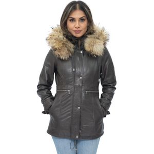 Dames lederen parka jas met capuchon-Putian