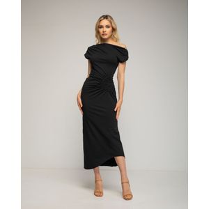 Jurk - Lange Getailleerde Jurk - Asymmetrische Halslijn - Bloemendetail in de Taille