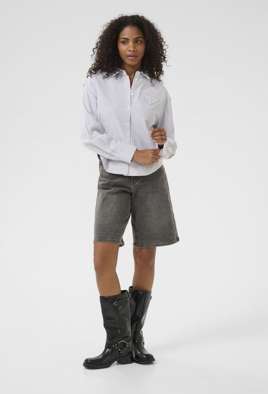 Kaffe - Osita - Blouse - Grijs/Wit - Klassieke Blouse - Lange Mouw