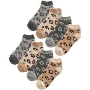 8 paar multiverpakking pluizige enkelsokken voor dames | Nieuwe sokken met dierenprint voor dames - Grijs / Beige