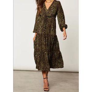 Khaki midi jurk met dierenprint en overslag aan de voorkant