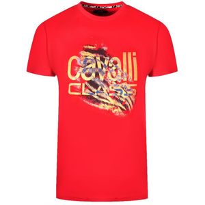Cavalli Class Slashed Tiger Print Bold Logo Red T-Shirt - Maat L