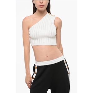 Geribbelde crop top met één schouder in wit
