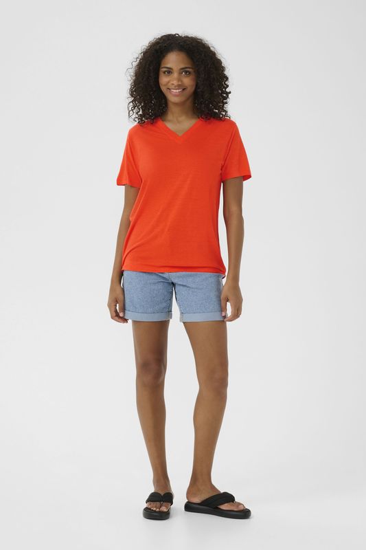 Kaffe - Kamaria V-Neck T-Shirt - Oranje - Linnen