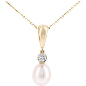 9kt geel goud, 0,01 ct diamant met witte gekweekte parelhanger