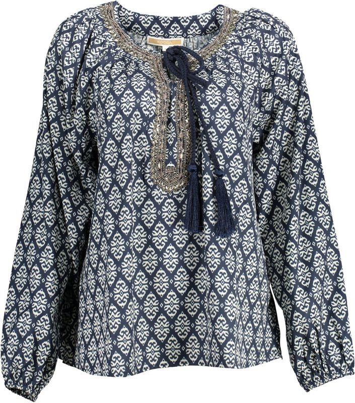 Geometrische Print Blouse met Lange Mouwen en Beaded Halslijn