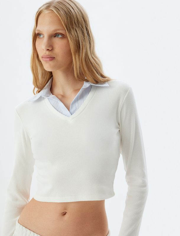 Koton - Shirt - Ecru - Lange Mouw - Slanke Pasvorm