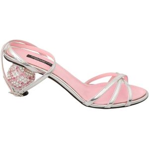 Dolce & Gabbana Dames Roze Zilver Kristal Enkelband Sandalen Schoenen - Maat 38.5