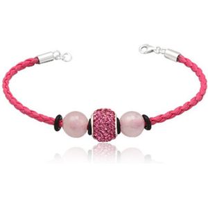 Roze leren armband met rozenkwarts parels en roze kristallen kralen en 925 zilver