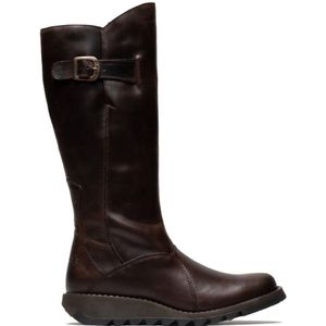 Fly London Dames Bruine MOL 2 Leren Wedge Heel Kniehoge Rits Laarzen