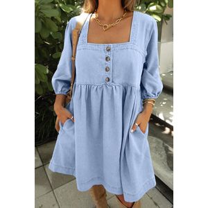 Denim Mini Jurk Vierkante Hals 34 Mouwen