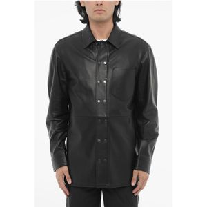 Overhemd van leer en katoen met knoopsluiting aan de voorkant in zwart