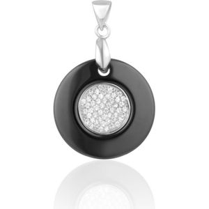 Zwarte keramische cirkelvormige hanger met 925 zilver en witte zirkoniakristallen