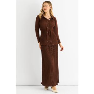 Chocoladekleurige plissé maxi-rok met elastische tailleband