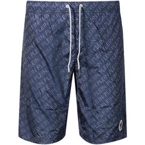 Philipp Plein Repetitive Logo Long Navy Swim Shorts