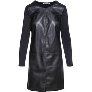 Conquista Fashion - Jurk - Zwart - Gebreid met Kunstleren Voorkant - Lange Mouwen