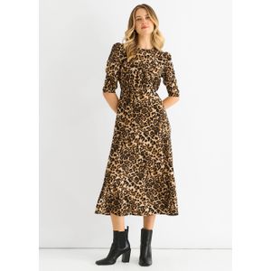 Bruine midi-jurk met dierenprint van satijn