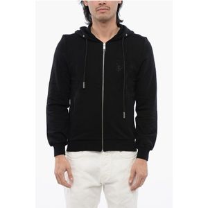 Geborstelde katoenen hoodie met rits en strass-stammotief in zwart