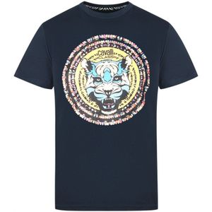 Cavalli Class Circular Wild Cat Logo Navy T-Shirt - Maat L