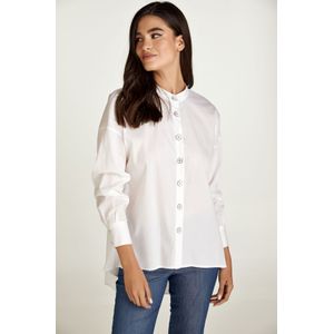 Blouse - Wit - Met Mandarijnkraag - Lange Mouwen - Ongelijke Afgeronde Zoom