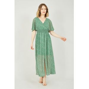 Yumi Groene Maxi-jurk Met Ruches En Kleine Bloemetjesprint - Maat 36