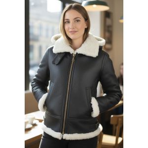 Dames Bruin Crèmekleurige Hooded Sheepskin Flying Bomber Leren Jas - Sovereign