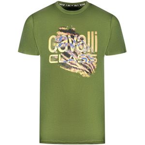 Cavalli Class Slashed Tiger Print Bold Logo Green T-Shirt - Maat XL