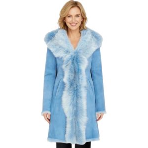 Dames blauwe Toscaanse trenchcoat met capuchon van echt schapenleer - Isola
