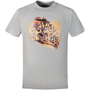 Cavalli Class Slashed Tiger Print Bold Logo Grey T-Shirt