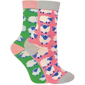 Set van 2 sokken met dierenprint voor meisjes | Miss Sparrow | Casual grappig patroon crew bamboe sokken | Grappige nieuwe sokken voor kinderen - Schaap