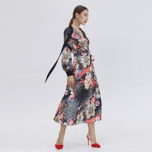 Wikkel Jurk - Marineblauw - A-lijn - Bloemenprint - Lange Mouwen