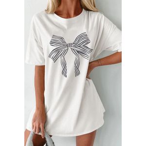 Witte Gestreepte Strik Knoop Halve Mouw Tuniek T-Shirt