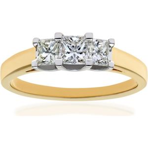 18kt geelgouden 3/4 karaat gecertificeerde J/I Princess Cut Diamond Trioligy-ring