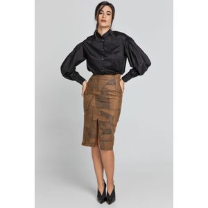 Kamel - Patchwork Pencil Rok - Kamelkleurig - Met Split en Rits