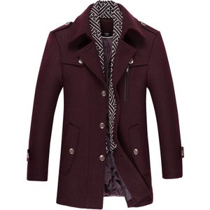 Heren winter verdikte effen kleur revers casual wollen jas met gestreepte kraag Kameel Bordeaux